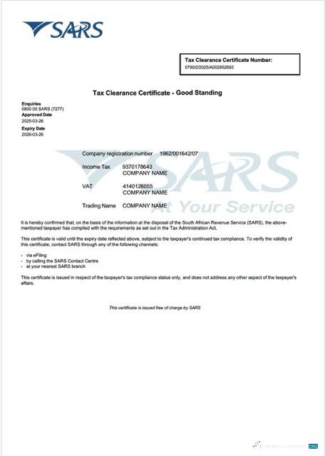 Download South Africa tax clearance certificate Word and PDF template Photoshop template